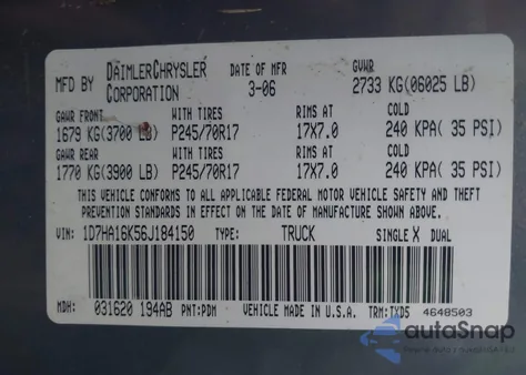 2006 Dodge Ram 1500 St from USA, damaged, VIN 1D7HA16K56J184150